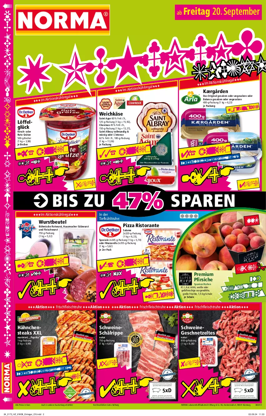 Aktueller Prospekt Norma - Norma - von 16.09 bis 23.09.2024 - strona 18 - produkty: albray, Becher, beutel, chavroux, eis, fleisch, fleischwurst, früchte, geschnetzeltes, gin, grütze, Hähnchensteak, hähnchensteaks, Hausmacher, Kærgården, Käse, kirsch, kühlregal, lebensmittel, LG, Löffel, mac, mozzarella, natur, paprika, pfirsich, pfirsiche, pizza, regal, reis, rel, ristorante, Rote Grütze, Rotwurst, Saint Agur, saint albray, salz, Schal, Schale, schwein, schweine, steak, steaks, Ti, tiefpreis, weichkäse, wein, weine, wurst, Zelt