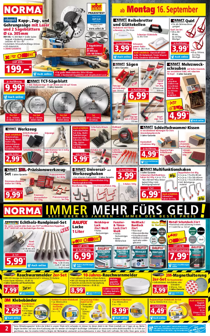 Aktueller Prospekt Norma - Norma - von 16.09 bis 23.09.2024 - strona 2 - produkty: Anzug, auer, batterie, Bau, Beba, Bebe, braun, bügel, bürste, bürsten, eis, elle, fenster, Gehrungssäge, gin, Heu, Holz, kissen, lack, Lacke, lamm, LG, Maurerschnur, messer, Messerset, ndk, nuss, Pinsel, Pinselset, Rauch, Reinigung, reis, Ria, ring, sac, säge, schrauben, Schraubendreher, schwamm, shake, Signal, teller, teppich, Ti, tisch, wasser, weck, Weißlack, werkzeug, Zangen