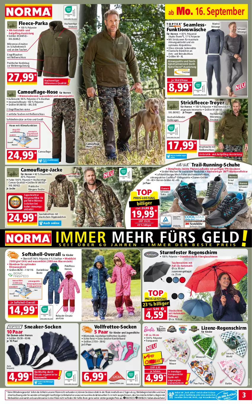 Aktueller Prospekt Norma - Norma - von 16.09 bis 23.09.2024 - strona 3 - produkty: asti, auto, Barbie, Bau, baumwolle, Bebe, eis, Elan, elle, ente, Frottee-Socken, gin, hose, Hylo, Jacke, Jura, Kinder, mab, mac, ndk, Overall, Parka, Paw Patrol, reis, schuhe, shirt, sneaker, socken, Softshell-Overall, Spiele, Tasche, taschen, tee, Ti, Tipi, tisch, wasser, wolle, ZTE