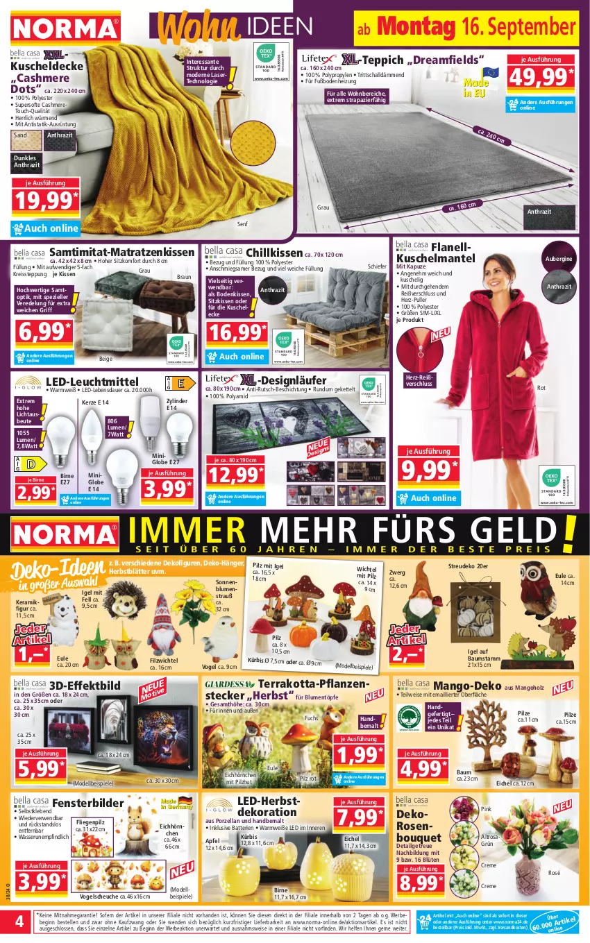 Aktueller Prospekt Norma - Norma - von 16.09 bis 23.09.2024 - strona 4 - produkty: apfel, aubergine, auer, batterie, batterien, Bau, Bebe, blume, blumen, Blumenstrauß, Blüte, braun, cashmere, creme, decke, Dekofigur, dekoration, dell, eis, elle, fenster, gin, Heu, Holz, hörnchen, iglo, kerze, Kette, kissen, Kürbis, kuscheldecke, Kuschelmantel, Läufer, leuchtmittel, LG, Liege, mango, Mantel, matratze, matratzen, Mode, ndk, pflanze, pflanzen, pilze, reis, reiss, rosen, rwe, SANTE, Schal, senf, sitzkissen, sonnenblume, sonnenblumen, Spezi, Spiele, teppich, Ti, usb, Wichtel