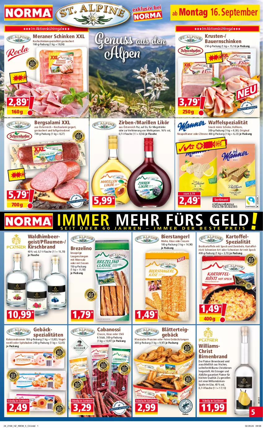 Aktueller Prospekt Norma - Norma - von 16.09 bis 23.09.2024 - strona 5 - produkty: auer, Bau, Bauer, Bauernschinken, bier, Birnen, blätterteig, blätterteiggebäck, brezel, Cabanossi, chili, eis, flasche, getränk, getränke, gin, himbeer, kartoffel, kartoffeln, Käse, kirsch, kochschinken, kokos, korn, krone, kühlregal, Laugenstange, likör, meersalz, mehl, Mixgetränk, nuss, pflaume, pflaumen, regal, reifen, salami, salz, schinken, schoko, sesam, snack, Speck, Spezi, Ti, zitrone, zwiebel, zwiebeln