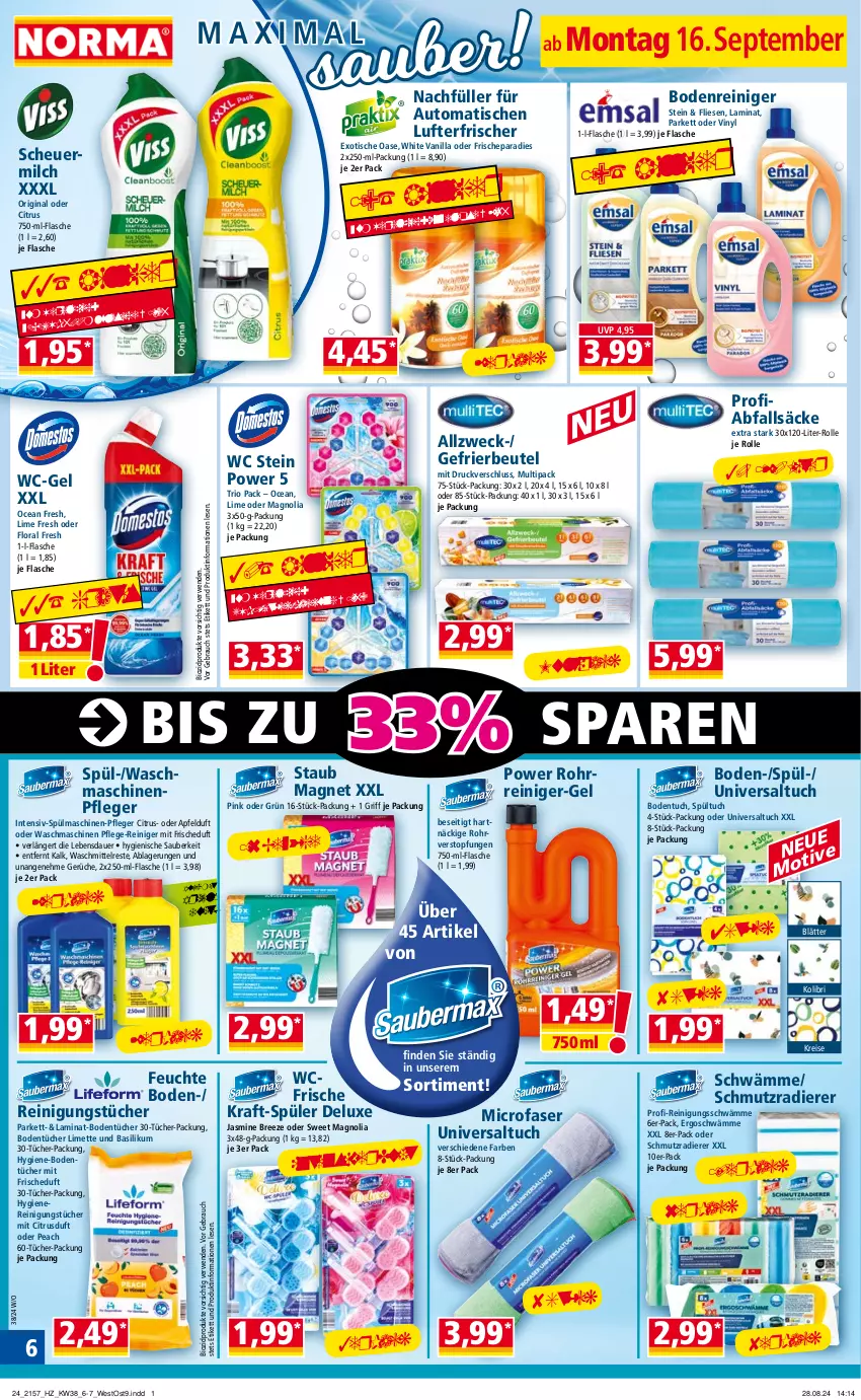 Aktueller Prospekt Norma - Norma - von 16.09 bis 23.09.2024 - strona 6 - produkty: apfel, auer, auto, basilikum, beutel, bio, biozidprodukte, Bodentücher, bree, citrus, eis, flasche, gefrierbeutel, gin, Heu, kraft, laminat, limette, lufterfrischer, Maschinenpfleger, Mett, milch, Rauch, reiniger, Reinigung, reinigungstücher, reis, rwe, scheuermilch, spülmaschinen, Ti, tisch, topf, tuc, tücher, waschmaschine, waschmaschinen, waschmittel, wc-gel, weck