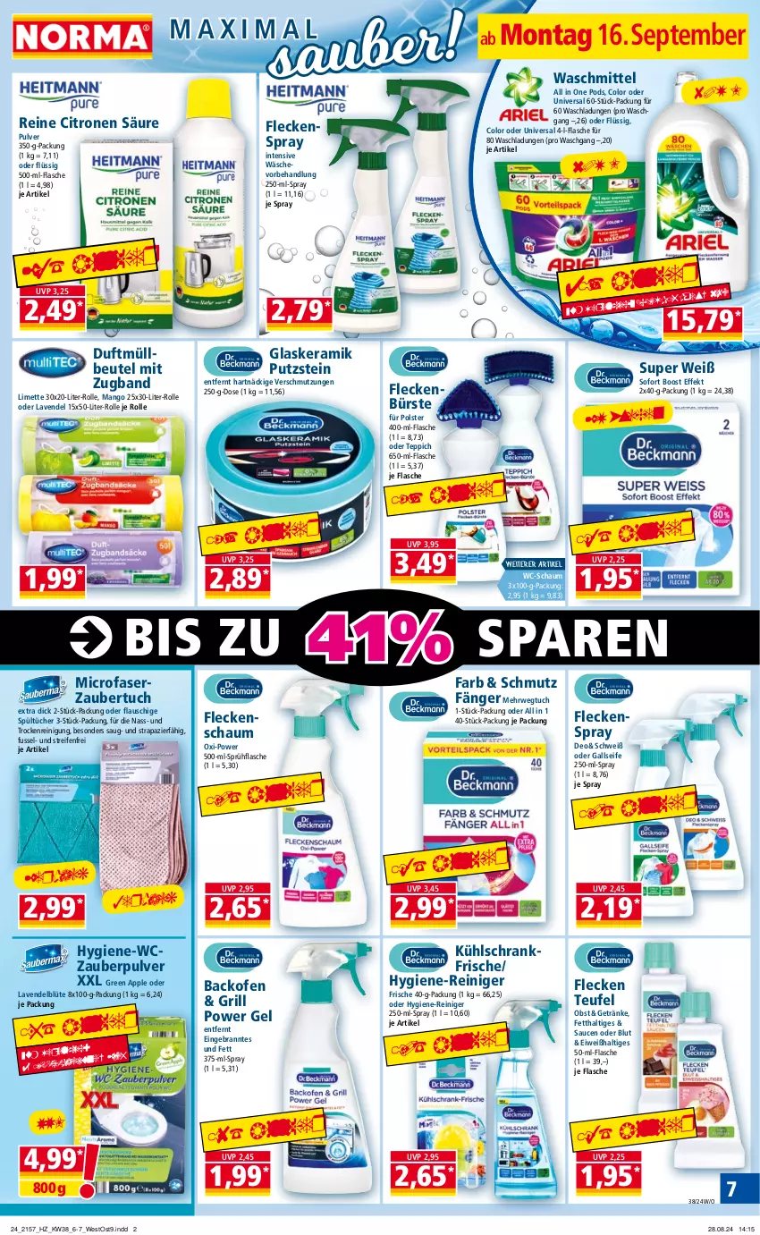 Aktueller Prospekt Norma - Norma - von 16.09 bis 23.09.2024 - strona 7 - produkty: Apple, backofen, beutel, Blüte, bürste, deo, flasche, getränk, getränke, glaskeramik, grill, hygiene-reiniger, kühlschrank, lavendel, limette, mango, Mett, müllbeutel, obst, Ofen, Pods, reifen, reiniger, Reinigung, rwe, sauce, saucen, Schrank, Seife, sprühflasche, teppich, Ti, tuc, tücher, waschmittel