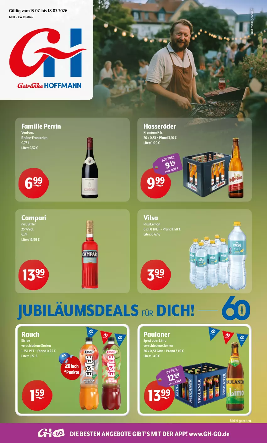 Aktueller Prospekt Getraenke Hoffmann - Prospekte - von 13.07 bis 18.07.2026 - strona 1 - produkty: angebot, angebote, campari, eis, eistee, hasseröder, Jubiläums, limo, Paula, paulaner, pils, premium pils, Rauch, Spezi, tee, Ti, vilsa