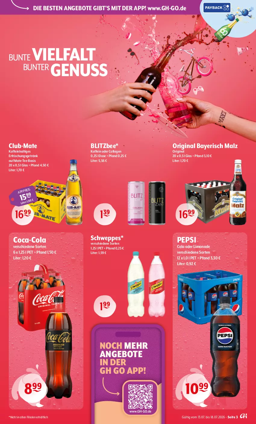Aktueller Prospekt Getraenke Hoffmann - Prospekte - von 13.07 bis 18.07.2026 - strona 3 - produkty: angebot, angebote, coca-cola, cola, Collagen, eis, erfrischungsgetränk, getränk, gin, limo, limonade, malz, nuss, pepsi, schweppes, tee, Ti