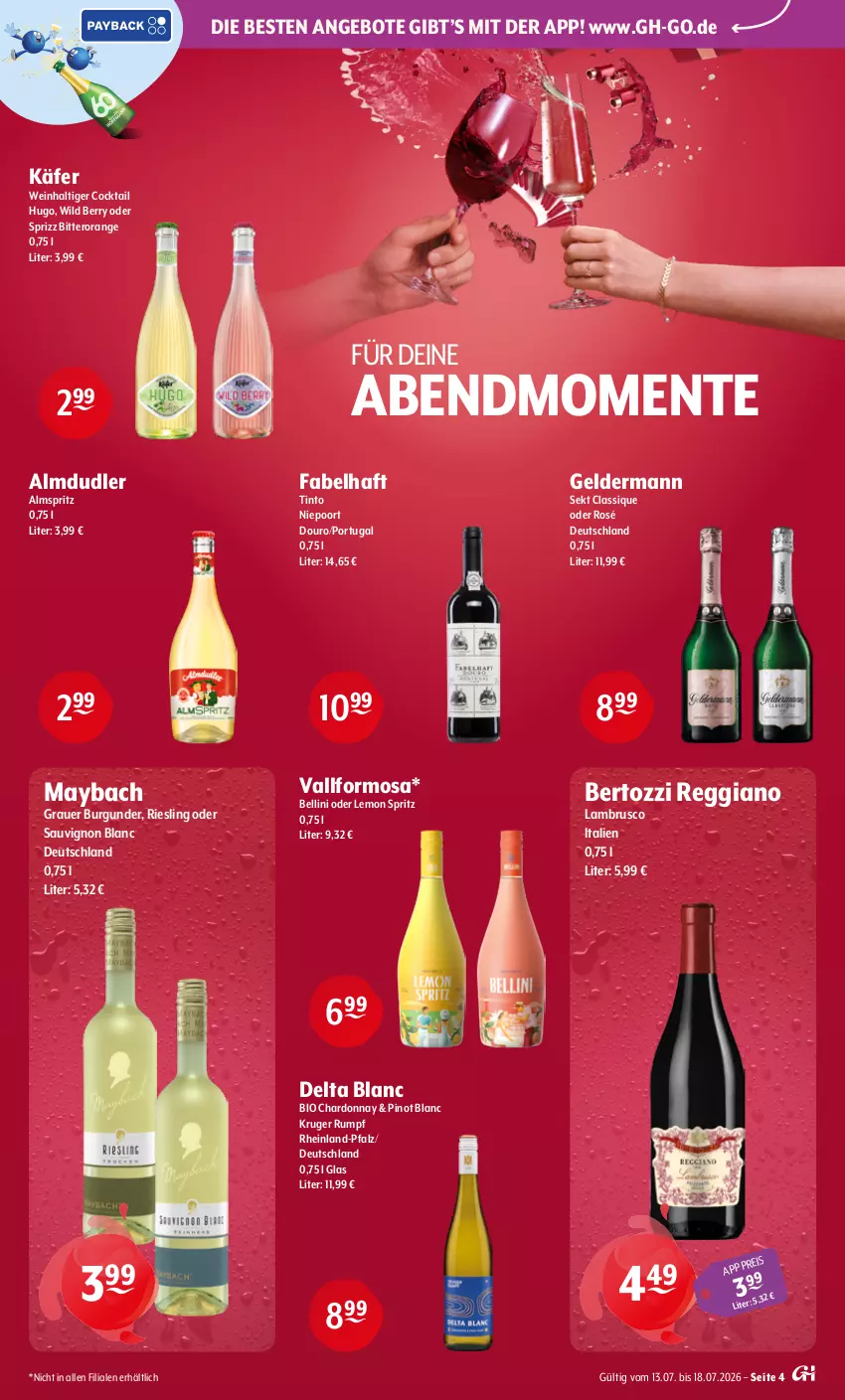 Aktueller Prospekt Getraenke Hoffmann - Prospekte - von 13.07 bis 18.07.2026 - strona 4 - produkty: almdudler, angebot, angebote, auer, bio, burgunder, chardonnay, cocktail, eis, ente, geldermann, grauer burgunder, hugo, käfer, Lambrusco, maybach, orange, Pinot, reggiano, riesling, rum, sauvignon, sauvignon blanc, sekt, Sprizz, Ti, wein, Wild, wild berry