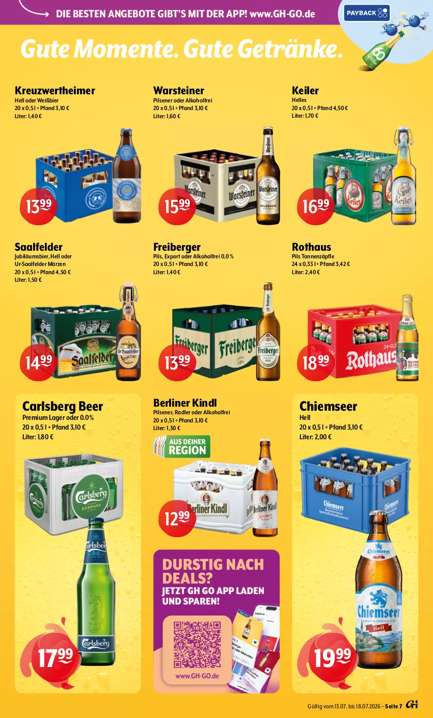 Aktueller Prospekt Getraenke Hoffmann - Prospekte - von 13.07 bis 18.07.2026 - strona 7 - produkty: alkohol, angebot, angebote, Berger, berliner, berliner kindl, bier, carlsberg, carlsberg beer, eimer, elle, ente, Freiberger, getränk, getränke, Jubiläums, pils, pilsener, radler, Saalfelder, steiner, Ti, warsteiner