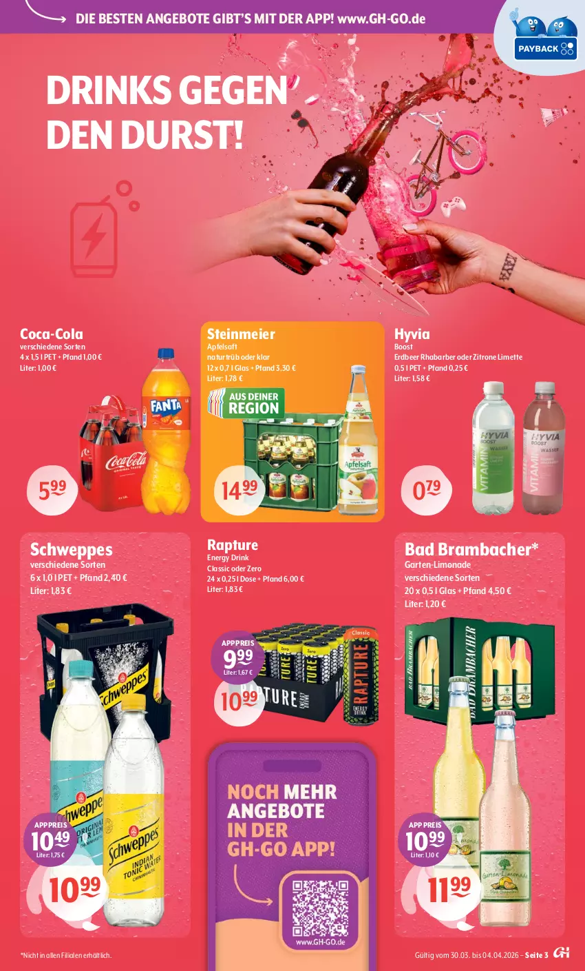 Aktueller Prospekt Getraenke Hoffmann - Prospekte - von 30.03 bis 04.04.2026 - strona 3 - produkty: angebot, angebote, apfel, apfelsaft, Bad, coca-cola, cola, drink, drinks, eier, eis, energy drink, Garten, limette, limo, limonade, Mett, natur, reis, rhabarber, saft, schweppes, Ti, zitrone