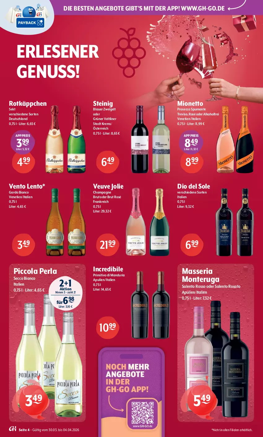 Aktueller Prospekt Getraenke Hoffmann - Prospekte - von 30.03 bis 04.04.2026 - strona 4 - produkty: alkohol, angebot, angebote, auer, blauer zweigelt, brut, champagne, cola, ecco, eis, grüner veltliner, mionetto, monte, nuss, perla, primitivo, prosecco, puma, reis, Ria, rosato, rotkäppchen, sekt, spumante, Ti, Zweigelt