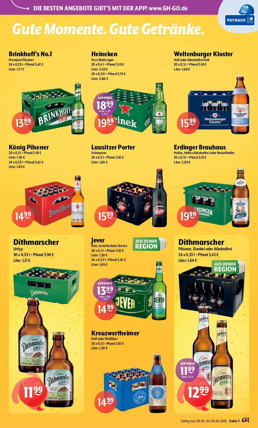 Aktueller Prospekt Getraenke Hoffmann - Prospekte - von 30.03 bis 04.04.2026 - strona 7 - produkty: alkohol, angebot, angebote, bier, burger, eimer, eis, elle, ente, erdinger, getränk, getränke, heineken, jever, könig pilsener, mars, natur, pils, pilsener, premium pils, radler, reis, Ti, urtyp