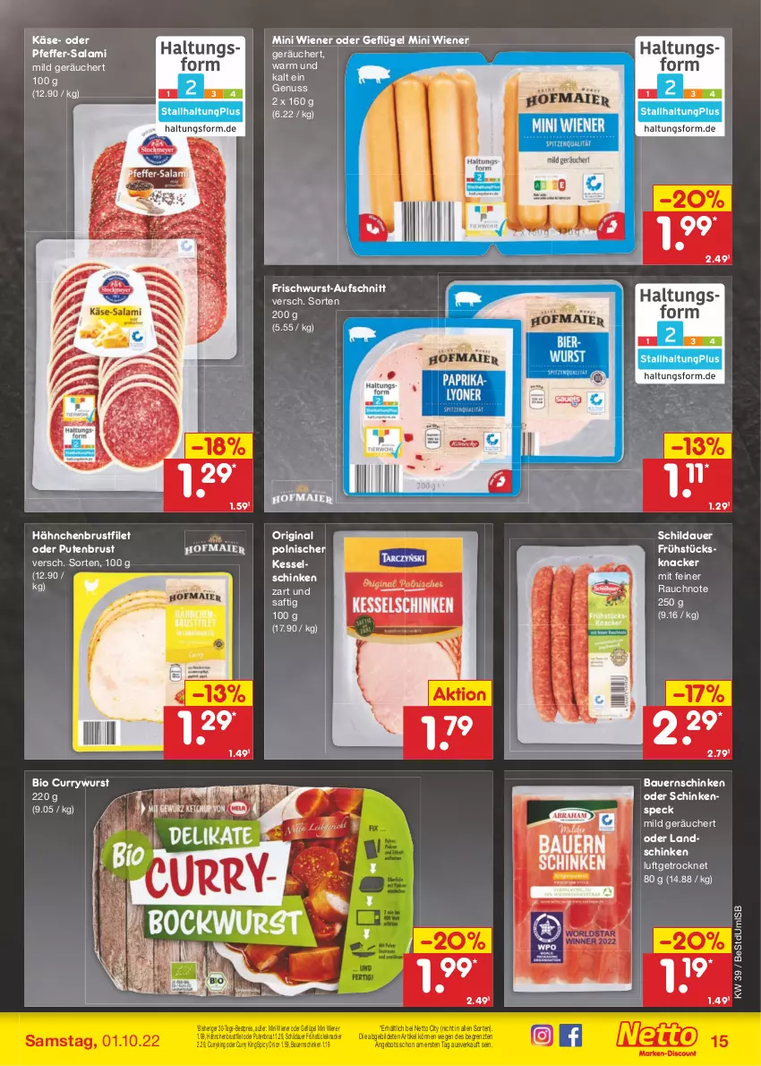 Aktueller Prospekt Netto Marken-Discount - Filial-Angebote - von 26.09 bis 01.10.2022 - strona 15 - produkty: angebot, auer, aufschnitt, Bau, Bauer, Bauernschinken, bestpreis, bio, brustfilet, curry, currywurst, eis, filet, frischwurst-aufschnitt, Geflügel, gin, hähnchenbrust, hähnchenbrustfilet, Käse, knacker, landschinken, nuss, pfeffer, pute, putenbrust, Rauch, reis, saft, salami, schinken, schinkenspeck, Speck, Ti, wiener, wurst, ZTE