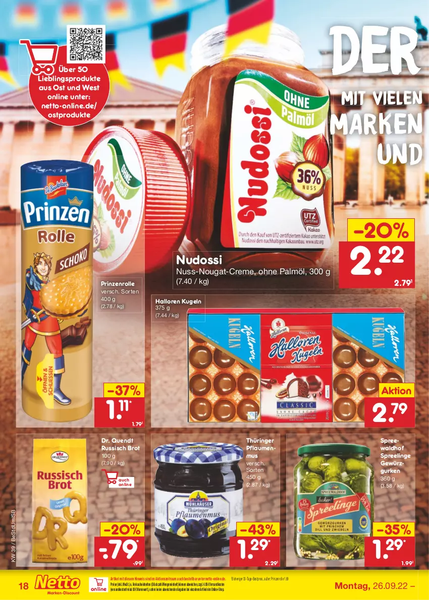 Aktueller Prospekt Netto Marken-Discount - Filial-Angebote - von 26.09 bis 01.10.2022 - strona 18 - produkty: bestpreis, brot, creme, eis, gewürz, Gewürzgurke, gewürzgurken, gurke, gurken, Kugel, ndk, Nudossi, nuss, nuss-nougat-creme, ohne palmöl, pflaume, pflaumen, pflaumenmus, prinzenrolle, reis, ring, russisch brot, spreewaldhof, Ti, versandkostenfrei