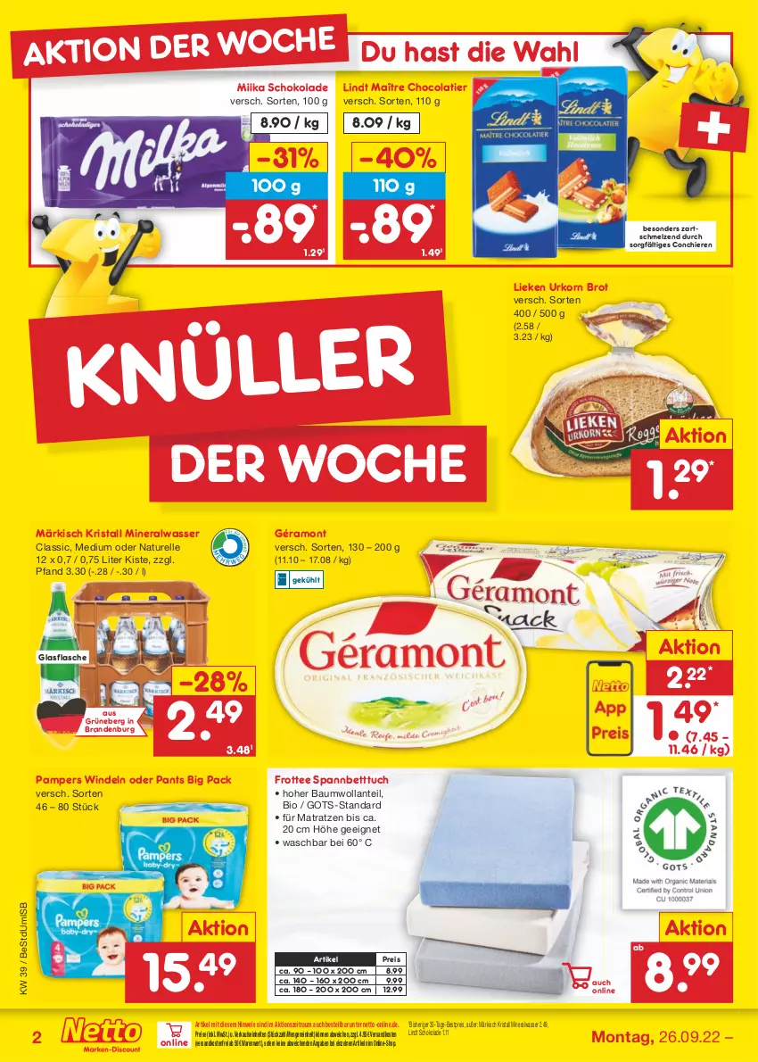 Aktueller Prospekt Netto Marken-Discount - Filial-Angebote - von 26.09 bis 01.10.2022 - strona 2 - produkty: Alwa, Bau, bestpreis, bett, Betttuch, bio, brot, cola, eis, elle, flasche, géramont, glasflasche, korn, lieken, lindt, matratze, matratzen, milka, milka schokolade, mineralwasser, natur, ndk, pampers, Pants, reis, rel, schoko, schokolade, spannbetttuch, tee, Ti, tuc, urkorn, versandkostenfrei, wasser, windeln, windeln oder pants