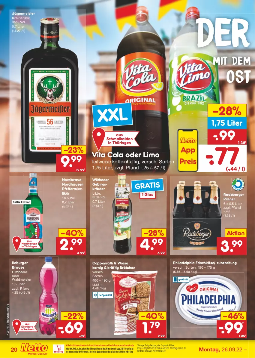 Aktueller Prospekt Netto Marken-Discount - Filial-Angebote - von 26.09 bis 01.10.2022 - strona 20 - produkty: beere, Berger, bestpreis, brause, brötchen, burger, cola, coppenrath, eis, frischkäse, Germ, himbeer, himbeere, jägermeister, Käse, kräuter, kräuterlikör, likör, limo, Meister, ndk, nordbrand, pfeffer, pfefferminzlikör, philadelphia, pils, pilsner, radeberger, radeberger pilsner, reis, ring, sac, Ti, versandkostenfrei, vita, Vita C, waldmeister, wilthener