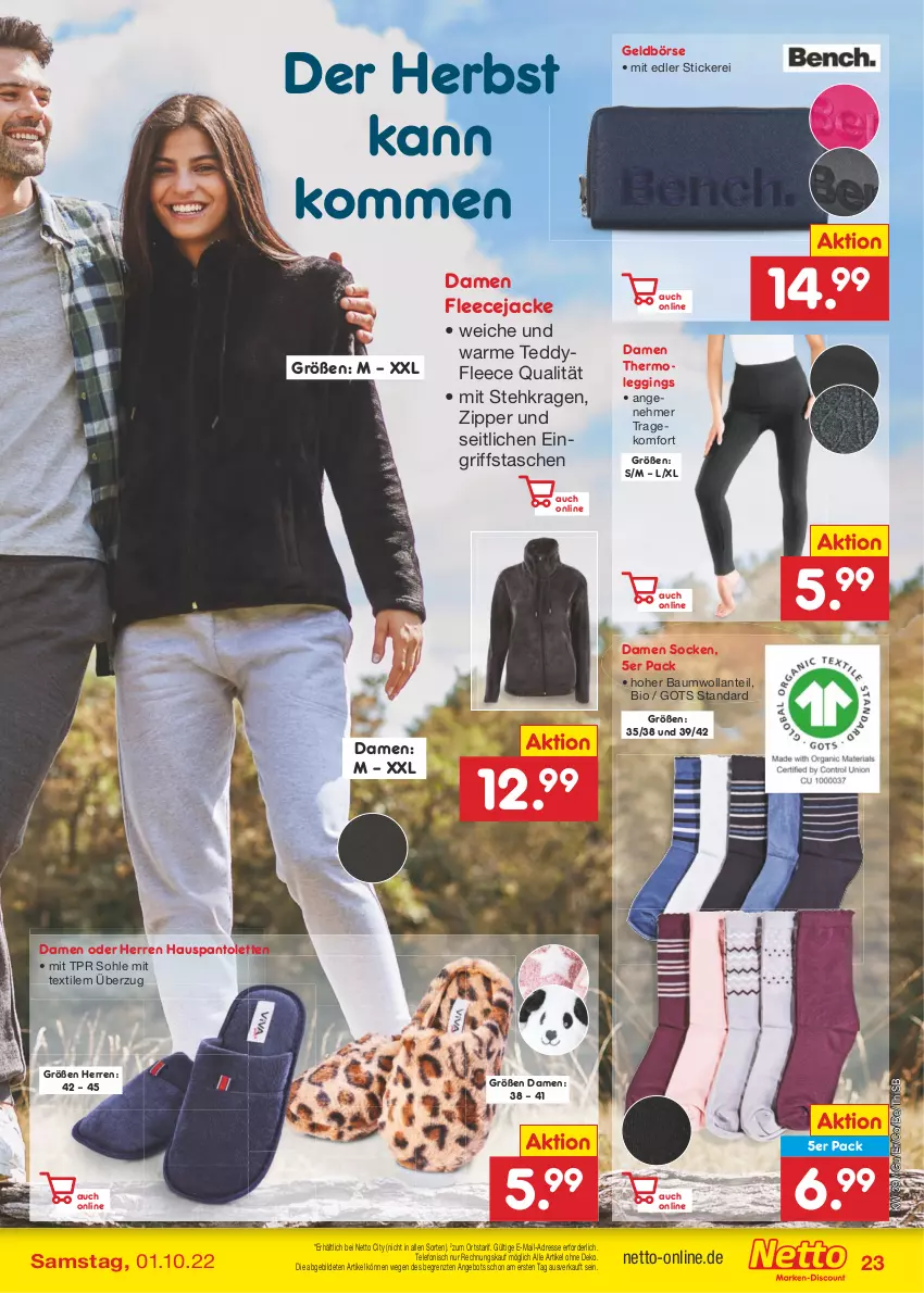 Aktueller Prospekt Netto Marken-Discount - Filial-Angebote - von 26.09 bis 01.10.2022 - strona 23 - produkty: angebot, Bau, bio, Fleecejacke, Geldbörse, gin, Jacke, leggings, pantolette, pantoletten, socken, Tasche, taschen, telefon, Thermoleggings, Ti, zipper, ZTE