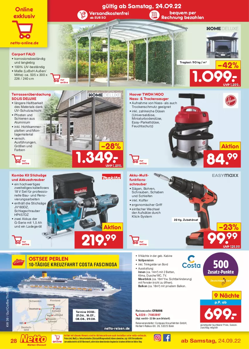 Aktueller Prospekt Netto Marken-Discount - Filial-Angebote - von 26.09 bis 01.10.2022 - strona 28 - produkty: akku, akkuschrauber, Bau, bett, Betten, buch, Carport, cin, dusche, eis, elle, fenster, Hohlkammerplatte, hoover, HP, koffer, kreuzfahrten, ladegerät, latte, LG, ndk, perlen, reis, reiseveranstalter, Ria, säge, schrauben, stichsäge, Terrassenüberdachung, Ti, Trockensauger, uhr, uv-schutz, versandkostenfrei