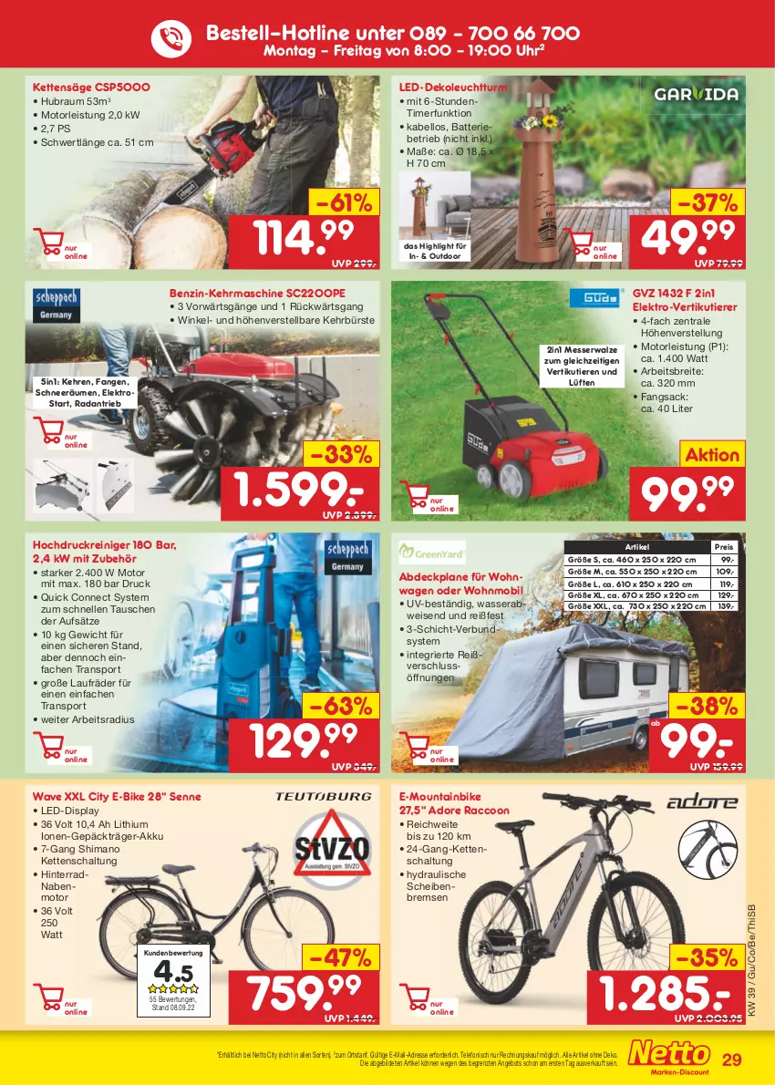 Aktueller Prospekt Netto Marken-Discount - Filial-Angebote - von 26.09 bis 01.10.2022 - strona 29 - produkty: abdeckplane, Abdeckplane für Wohnwagen, ACC, akku, angebot, batterie, Brei, bürste, E-Bike, eis, Elektro, elle, hochdruckreiniger, Kette, laufräder, messer, Mountainbike, reiniger, reis, sac, säge, Schal, shimano, Sport, telefon, Ti, Tiere, timer, uhr, wasser, ZTE