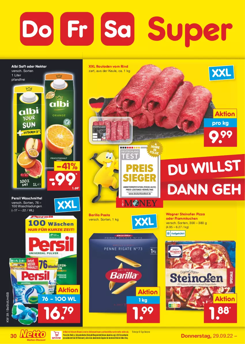 Aktueller Prospekt Netto Marken-Discount - Filial-Angebote - von 26.09 bis 01.10.2022 - strona 30 - produkty: barilla, bestpreis, eis, flammkuchen, kuchen, lamm, ndk, Nektar, Ofen, pasta, persil, persil waschmittel, pizza, reis, rind, rouladen, saft, steinofen, steinofen pizza, Ti, versandkostenfrei, wagner, waschmittel