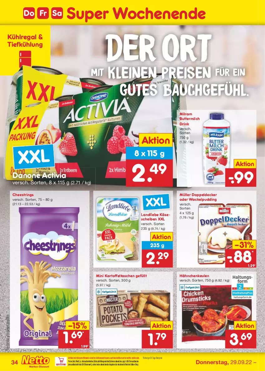 Aktueller Prospekt Netto Marken-Discount - Filial-Angebote - von 26.09 bis 01.10.2022 - strona 34 - produkty: activia, Bau, bestpreis, butter, buttermilch, danone, danone activia, decke, drink, eis, kartoffel, Kartoffeltaschen, Käse, käsescheiben, kühlregal, landliebe, leine, milch, milram, Müller, ndk, pudding, regal, reis, ring, String, Tasche, taschen, Ti, versandkostenfrei