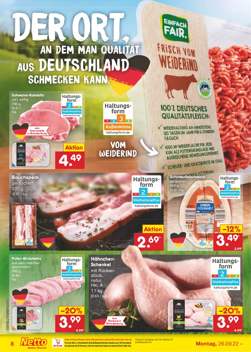 Aktueller Prospekt Netto Marken-Discount - Filial-Angebote - von 26.09 bis 01.10.2022 - strona 8 - produkty: Bau, bestpreis, eis, filet, fleisch, fleischwurst, hähnchenschenkel, henkel, kotelett, natur, ndk, pute, reis, rind, saft, schenkel, schinken, schinkenfleischwurst, schnitten, schwein, schweine, Speck, steak, steaks, Ti, versandkostenfrei, wein, weine, wurst