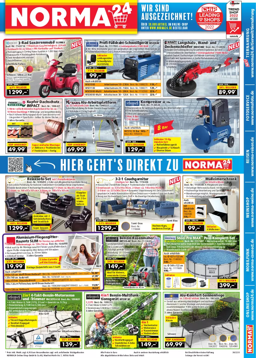 Aktueller Prospekt Norma - Norma - von 25.08 bis 11.09.2022 - strona 1 - produkty: aldi, angebot, armlehnen, asti, auto, Bau, braun, Brei, Couch, decke, dekokissen, Draht, eckschrank, eimer, eis, Elektro, elle, fenster, fliegengitter, garnitur, gefu, getränk, getränke, getränkehalter, HP, kissen, kleid, Kleidung, koffer, kraft, leimer, leine, LG, Liege, mehrzweckschrank, messer, Mode, Motorsense, ndk, pool, rasen, rasenmäher, reifen, reis, rel, Ria, ring, rum, rwe, Schere, schlauch, Schrank, schrauben, sessel, snack, Sofa, sonnenliege, Spezi, steel pro, Tapete, Tapeten, tee, teller, Ti, tiernahrung, tisch, wasser, weck, wein, weine, weinshop