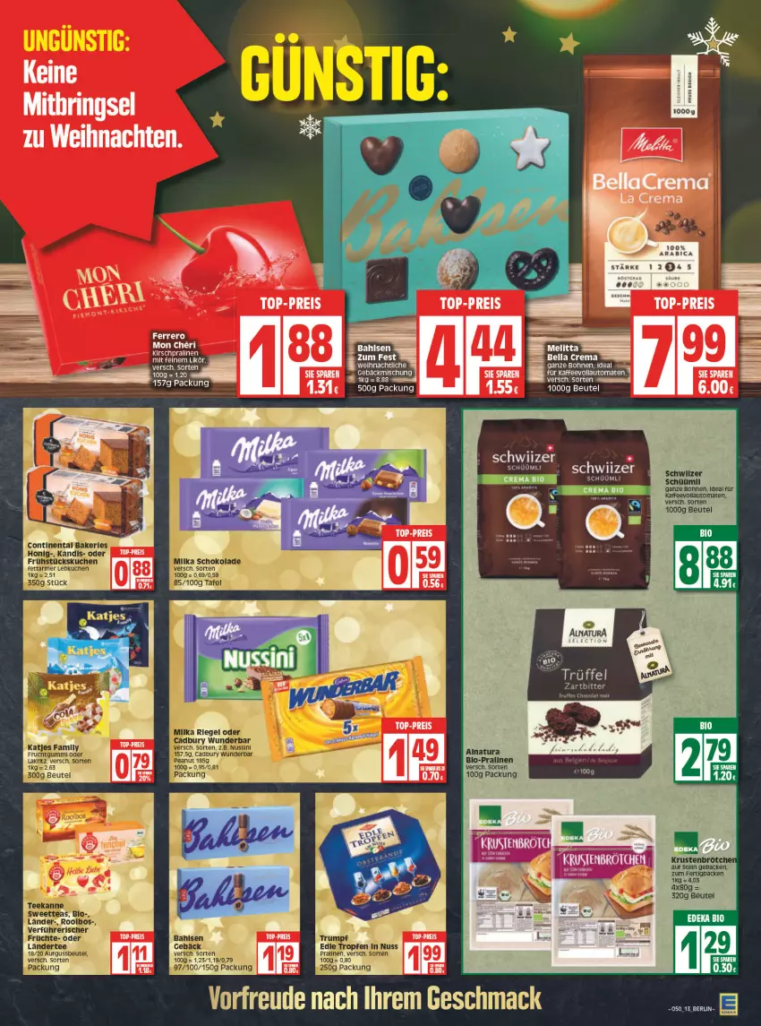 Aktueller Prospekt Edeka - Angebote der Woche - von 13.12 bis 18.12.2021 - strona 13 - produkty: auto, bahlsen, bella crema, beutel, bio, bohne, bohnen, brötchen, eis, ferrero, geback, gebäckmischung, HP, kaffee, kaffeevollautomat, kaffeevollautomaten, kirsch, melitta, natur, natura, pralinen, reis, Ti, tomate, tomaten, top-preis, vollautomaten, weihnachten