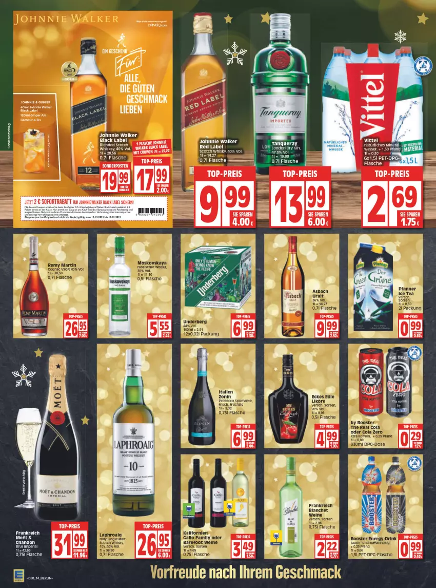 Aktueller Prospekt Edeka - Angebote der Woche - von 13.12 bis 18.12.2021 - strona 14 - produkty: bio, brut, coupon, ecco, eis, elle, flasche, garnitur, gin, ginger, ginger ale, johnnie walker, mac, moet, perla, prosecco, reis, Ria, Tanqueray, tee, top-preis, wasser