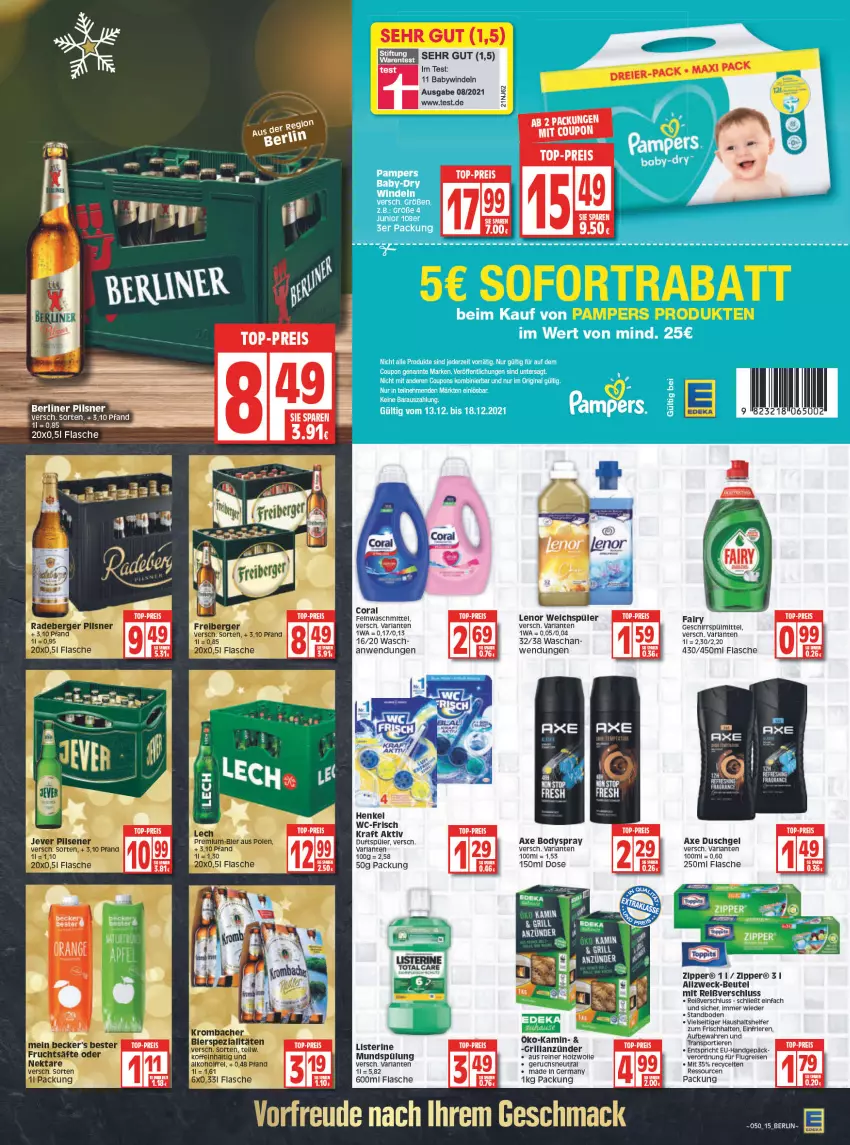 Aktueller Prospekt Edeka - Angebote der Woche - von 13.12 bis 18.12.2021 - strona 15 - produkty: alkohol, anzünder, arla, axe, axe duschgel, Berger, beutel, bier, body, bodyspray, Coral, coupon, duschgel, eis, fairy, feinwaschmittel, flasche, Freiberger, frucht, fruchtsäfte, Germ, geschirr, geschirrspülmittel, grill, grillanzünder, henkel, Holz, jever, Kamin, kraft, krombache, krombacher, lenor, lenor weichspüler, listerine, mac, mundspülung, Nektar, pils, pilsner, radeberger, radeberger pilsner, reis, rel, säfte, Sport, spülmittel, spülung, Ti, Tiere, top-preis, waschmittel, weck, weichspüler, windeln, wolle, zipper