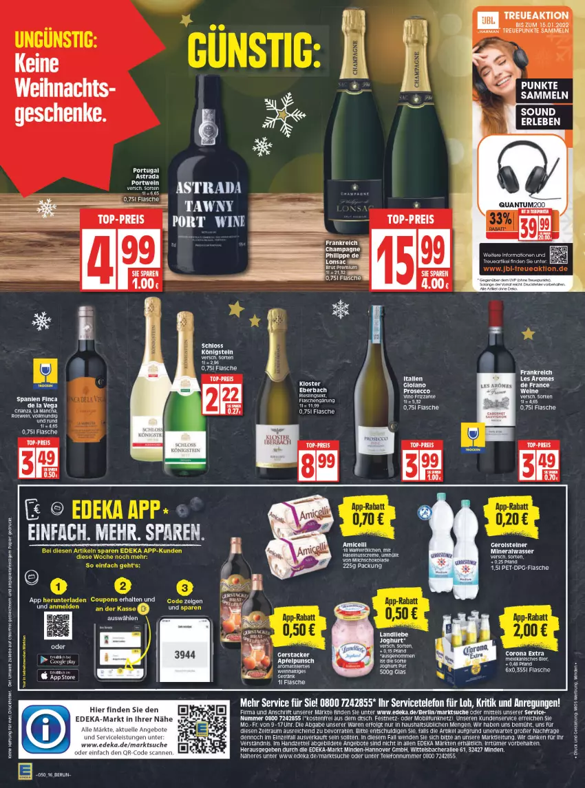 Aktueller Prospekt Edeka - Angebote der Woche - von 13.12 bis 18.12.2021 - strona 16 - produkty: Alwa, amicelli, angebot, angebote, apfel, Astra, champagne, corona, corona extra, creme, deka, eis, elle, flasche, gerolsteine, gerolsteiner, harman, haselnuss, Haselnusscreme, jbl, joghur, joghurt, landliebe, landliebe joghurt, LG, mineralwasser, nuss, papier, reis, Ria, rotwein, sac, schoko, schokolade, steiner, telefon, Ti, top-preis, uhr, Waffelröllchen, wasser, wein