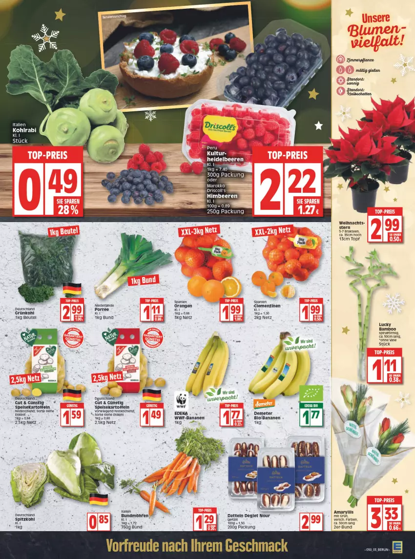 Aktueller Prospekt Edeka - Angebote der Woche - von 13.12 bis 18.12.2021 - strona 3 - produkty: bamboo, banane, bananen, beere, beeren, beutel, bio, bio-bananen, clementinen, Datteln, deka, driscoll's, eis, heidelbeere, heidelbeeren, himbeer, himbeere, himbeeren, kartoffel, kartoffeln, kohlrabi, mac, orange, orangen, speisekartoffeln, spitzkohl, tee, Ti, topf, Vase