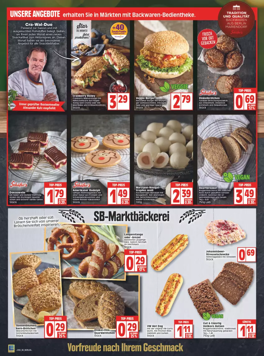 Aktueller Prospekt Edeka - Angebote der Woche - von 13.12 bis 18.12.2021 - strona 8 - produkty: aktionspreis, alexa, angebot, auer, backwaren, blume, blumen, brezel, brot, brötchen, burger, cranberry, creme, curry, dinkelbrötchen, dinkelmehl, eier, eis, elle, felgen, frucht, geback, gin, gurke, gurken, Hefe, honig, Honig-Senf, hot dog, HP, korn, Laugenstange, LG, mac, marzipan, mehl, mit frucht, natur, quark, reis, saft, salat, sauce, schoko, schokolade, schokoladen, senf, sesam, snack, sonnenblume, sonnenblumen, Sonnenblumenkerne, sonnenblumenkernen, tee, Ti, top-preis, wurst, zwiebel, zwiebeln