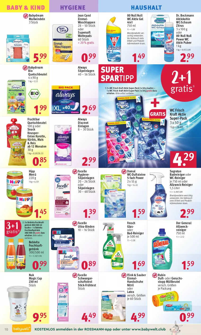 Aktueller Prospekt Rossmann - Prospekte - von 12.06 bis 16.06.2023 - strona 12 - produkty: aktiv gel, allzweckreiniger, Alwa, Always, babydream, Bad, Bad-Reiniger, bebivita, beutel, binden, bio, biozidprodukte, Discreet, Domol, Dr. Beckmann, Einmalwaschlappen, eis, elle, ente, Facelle, Frosch, frucht, fruchtsaft, fruchtsaftgetränk, getränk, handschuhe, hipp, Jean Carol, kraft, Kürbis, mais, müllbeutel, Mullwindel, nuk, quetschbeutel, Rauch, reiniger, reis, Rubin, rwe, saft, sagrotan, schuhe, Schwangerschaftstest, slip, slipeinlagen, snack, spartipp, Ti, Tiere, Ultra-Binden, vita, waschlappen, wattepads, wc frisch, WC Frisch Kraft Aktiv, wc-reiniger, weck, windeln