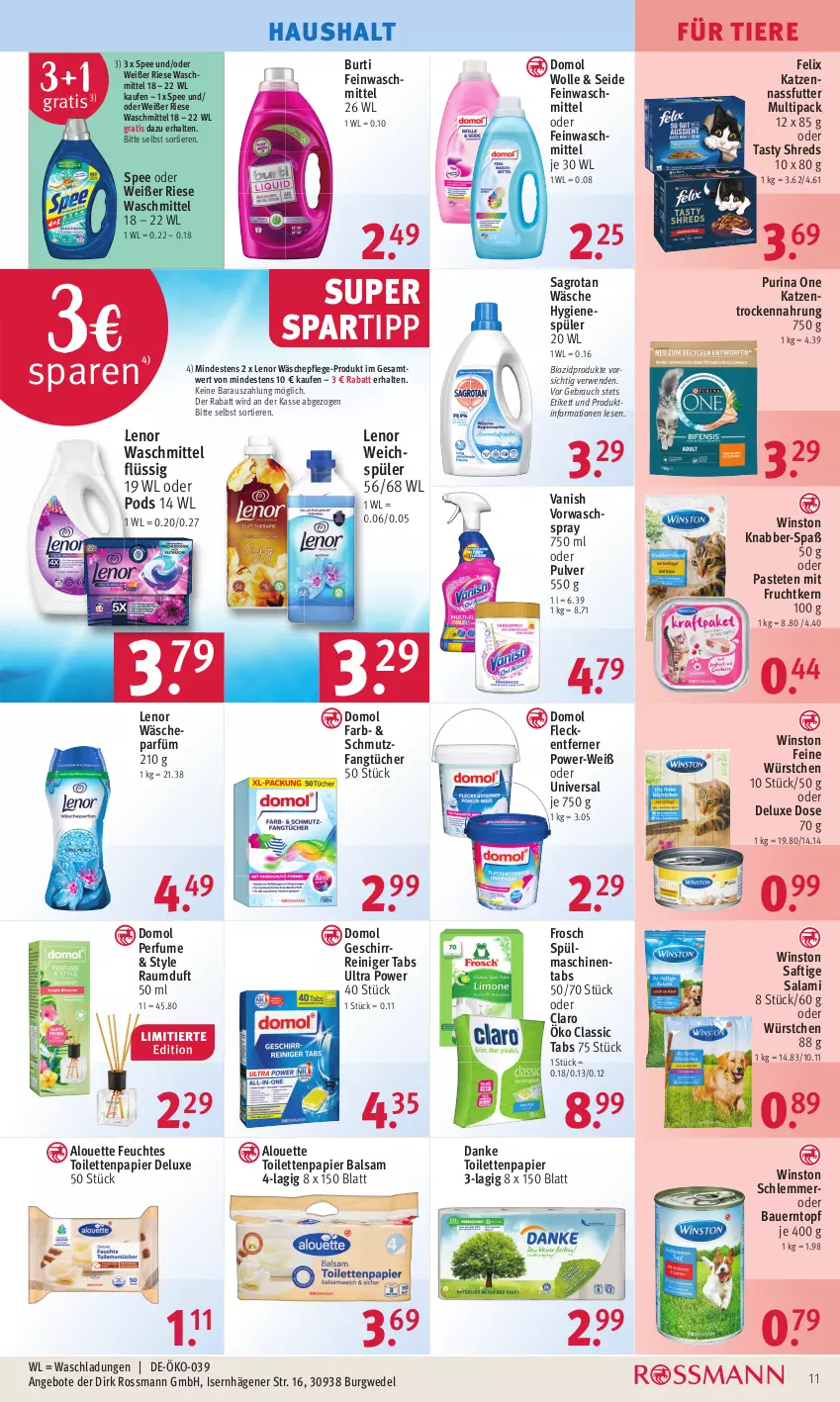 Aktueller Prospekt Rossmann - Prospekte - von 12.06 bis 16.06.2023 - strona 13 - produkty: alouette, angebot, angebote, auer, balsam, Bau, Bauer, bio, biozidprodukte, burti, Domol, Fangtücher, feinwaschmittel, felix, feuchtes toilettenpapier, fleckentferner, Frosch, frucht, geschirr, hygienespüler, lenor, lenor waschmittel, lenor weichspüler, mit frucht, nassfutter, papier, pastete, Pods, purina, Rauch, Raumduft, reiniger, rwe, saft, sagrotan, salami, spartipp, spee, spülmaschinen, spülmaschinentabs, Ti, Tiere, toilettenpapier, topf, Trockennahrung, tücher, vanish, wäscheparfüm, waschmittel, wedel, weichspüler, wolle, würstchen