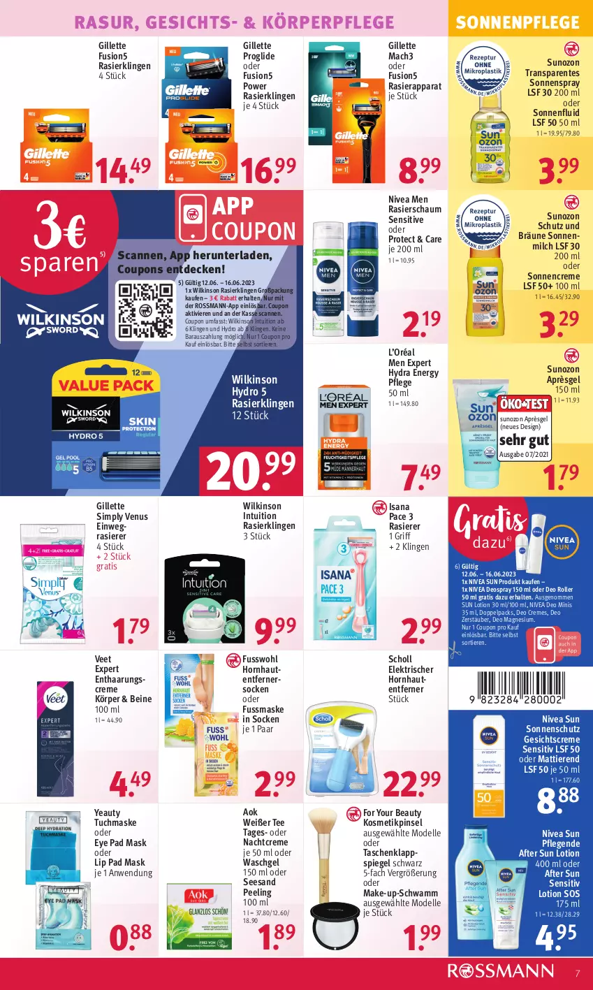 Aktueller Prospekt Rossmann - Prospekte - von 12.06 bis 16.06.2023 - strona 9 - produkty: after sun, coupon, coupons, creme, decke, dell, deo, deospray, deospray 150 ml, einwegrasierer, elle, ente, For Your Beauty, fusion5, Fusswohl, Gesichtscreme, gillette, isana, körperpflege, kosmetik, Lotion, mac, mach3, magnesium, Make-up, Maske, milch, Mode, nachtcreme, nivea, Nivea Men, nivea sun, Peeling, Pinsel, rasierapparat, rasierer, Rasierklinge, rasierklingen, Rasierschaum, Roller, sana, scholl, schwamm, sim, socken, sonnencreme, sonnenmilch, sonnenschutz, sonnenspray, spartipp, spiegel, Sun Lotion, Tasche, taschen, tee, Ti, Tiere, tuc, tuchmaske, veet, venus, waschgel, wilkinson, Yo