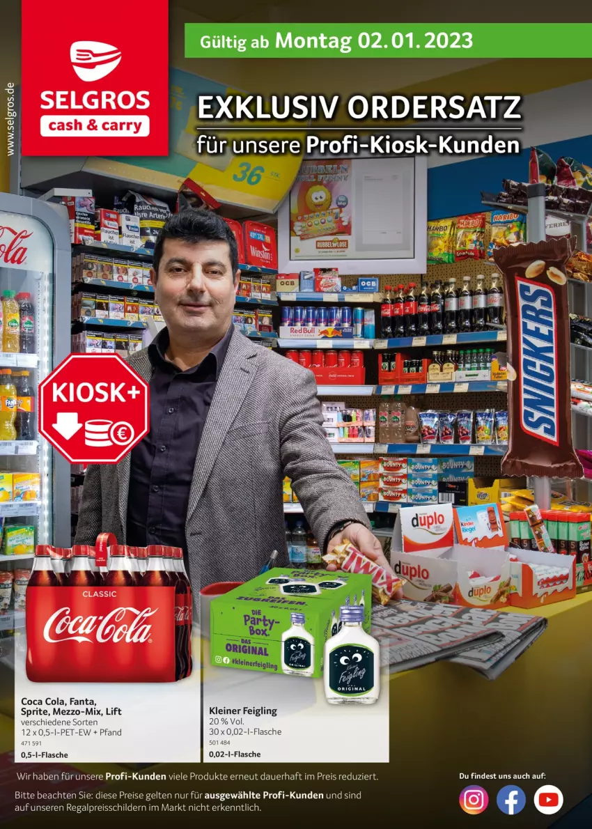 Aktueller Prospekt Selgros - Ordersatz - von 02.01 bis 28.02.2023 - strona 1 - produkty: auer, cola, eis, fanta, flasche, gin, kleiner feigling, leine, LG, nerf, regal, reis, reiss, sprite, Ti