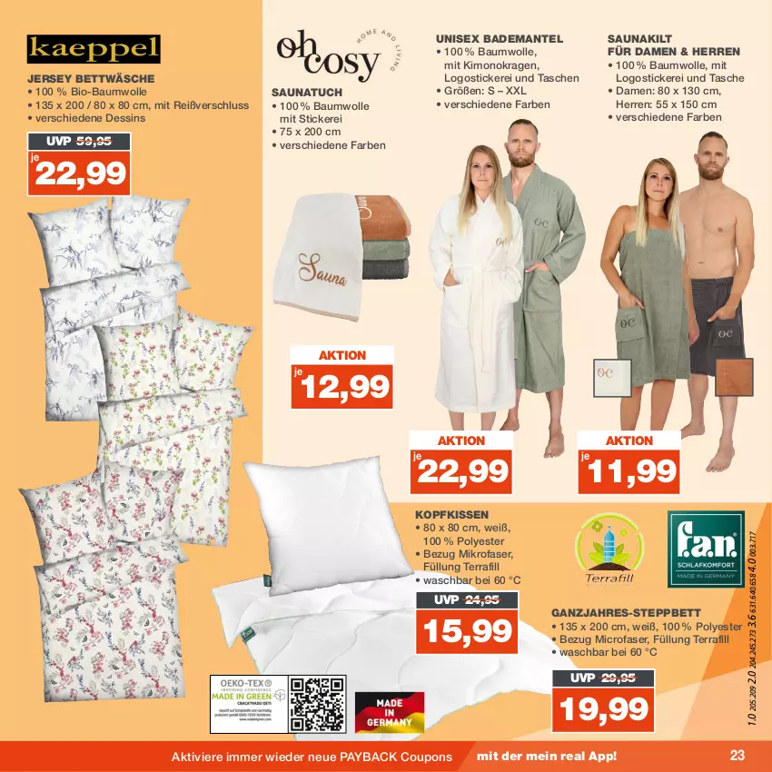 Aktueller Prospekt Real - von 04.09 bis 09.09.2023 - strona 23 - produkty: Bad, Bademantel, Bau, baumwolle, bett, bettwäsche, bio, bio-baumwolle, coupon, coupons, kissen, kopfkissen, Mantel, mikrofaser, payback, Saunakilt, Saunatuch, steppbett, Tasche, taschen, Ti, tuc, wolle