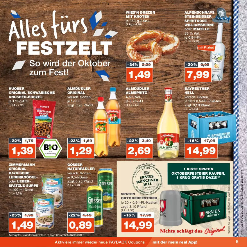 Aktueller Prospekt Real - von 04.09 bis 09.09.2023 - strona 5 - produkty: almdudler, bier, brezel, coupon, coupons, eis, gin, gösser, huober, Knödel, Leberknödel, natur, payback, radler, reis, Spaten, suppe, Ti, ZTE