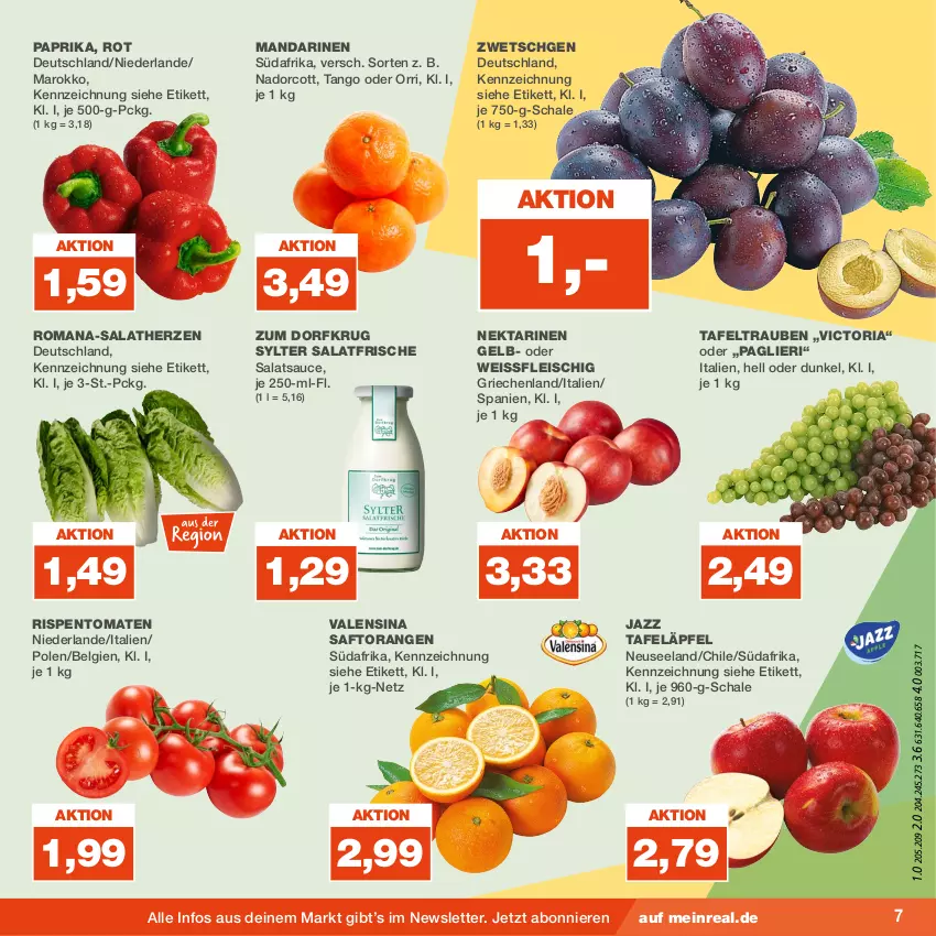 Aktueller Prospekt Real - von 04.09 bis 09.09.2023 - strona 7 - produkty: eis, Elan, fleisch, LG, mandarine, mandarinen, Nektar, nektarinen, orange, orangen, paprika, Ria, rispentomaten, saft, Saftorangen, salat, salatherzen, salatsauce, sauce, Schal, Schale, Sylter, tafeläpfel, tafeltrauben, Ti, tomate, tomaten, trauben, valensina, Zum Dorfkrug