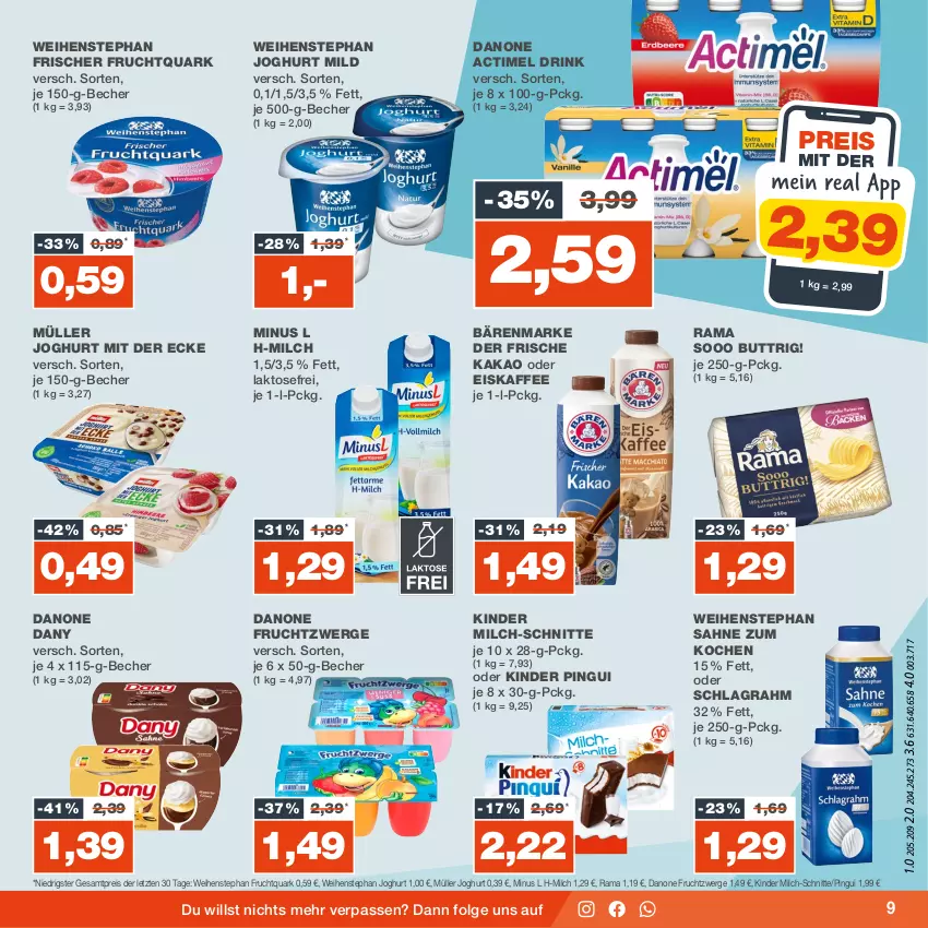 Aktueller Prospekt Real - von 04.09 bis 09.09.2023 - strona 9 - produkty: actimel, actimel drink, bärenmarke, Becher, danone, danone actimel drink, danone fruchtzwerge, Dany, drink, eis, eiskaffee, frucht, Fruchtquark, fruchtzwerge, joghur, joghurt, joghurt mild, joghurt mit der ecke, kaffee, kakao, Kinder, kinder pingui, LG, milch, milch-schnitte, Müller, pingui, quark, rama, reis, sahne, schlagrahm, Ti, weihenstephan, ZTE