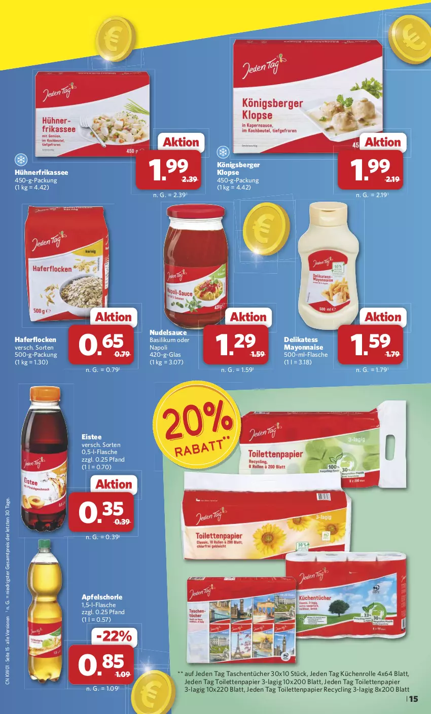 Aktueller Prospekt Combi - Prospekte - von 30.12.2024 bis 04.01.2025 - strona 15 - produkty: apfel, Apfelschorle, basilikum, Berger, Clin, eis, eistee, flasche, hafer, haferflocken, hühner, Königsberger Klopse, küche, Küchen, küchenrolle, mayonnaise, nerf, nudel, papier, reis, sauce, schorle, Tasche, taschen, taschentücher, tee, Ti, toilettenpapier, tücher, Yo, ZTE