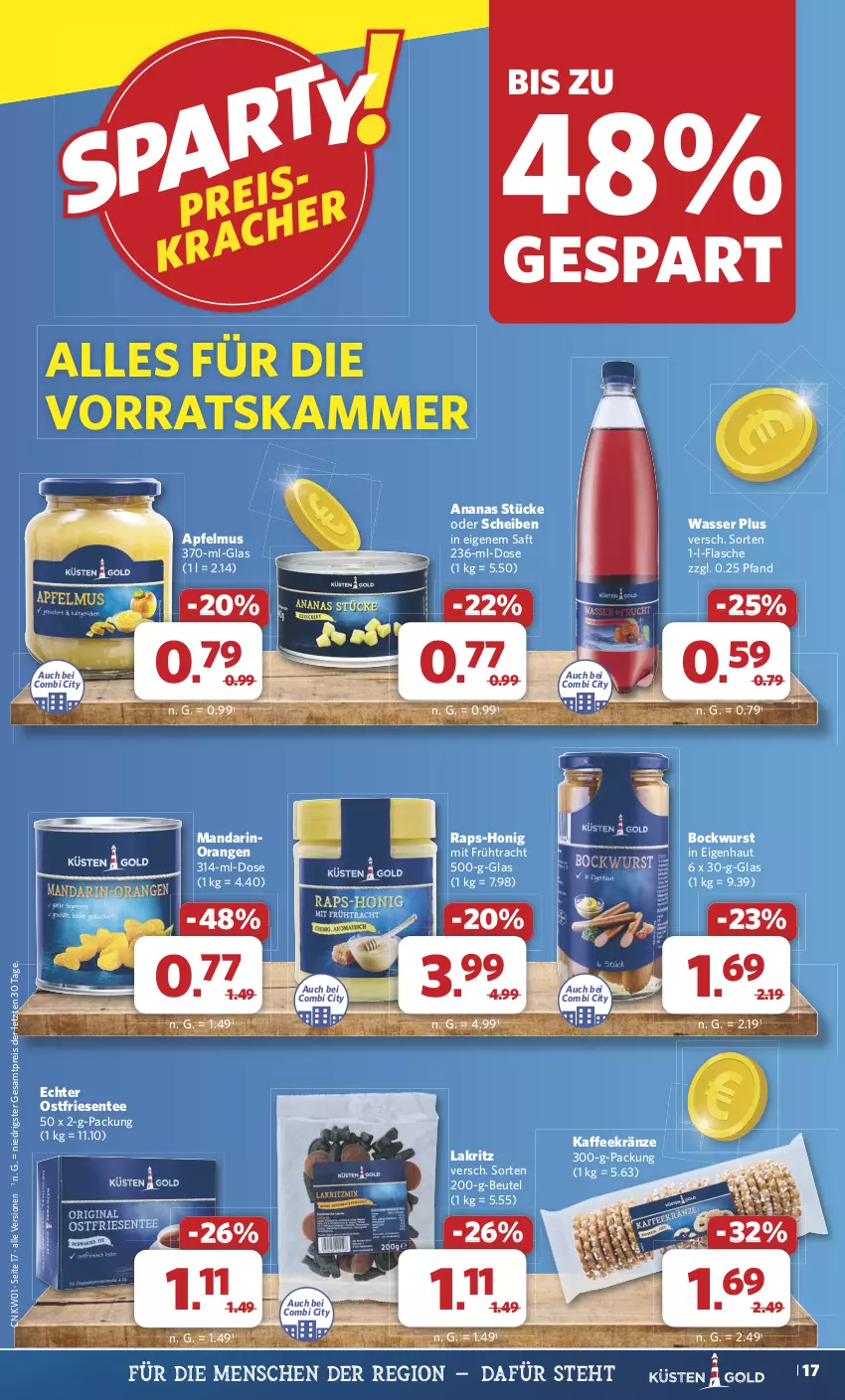 Aktueller Prospekt Combi - Prospekte - von 30.12.2024 bis 04.01.2025 - strona 17 - produkty: ananas, apfel, apfelmus, beutel, bockwurst, eis, ente, flasche, honig, kaffee, Lakritz, orange, orangen, reis, saft, tee, wasser, wurst, ZTE