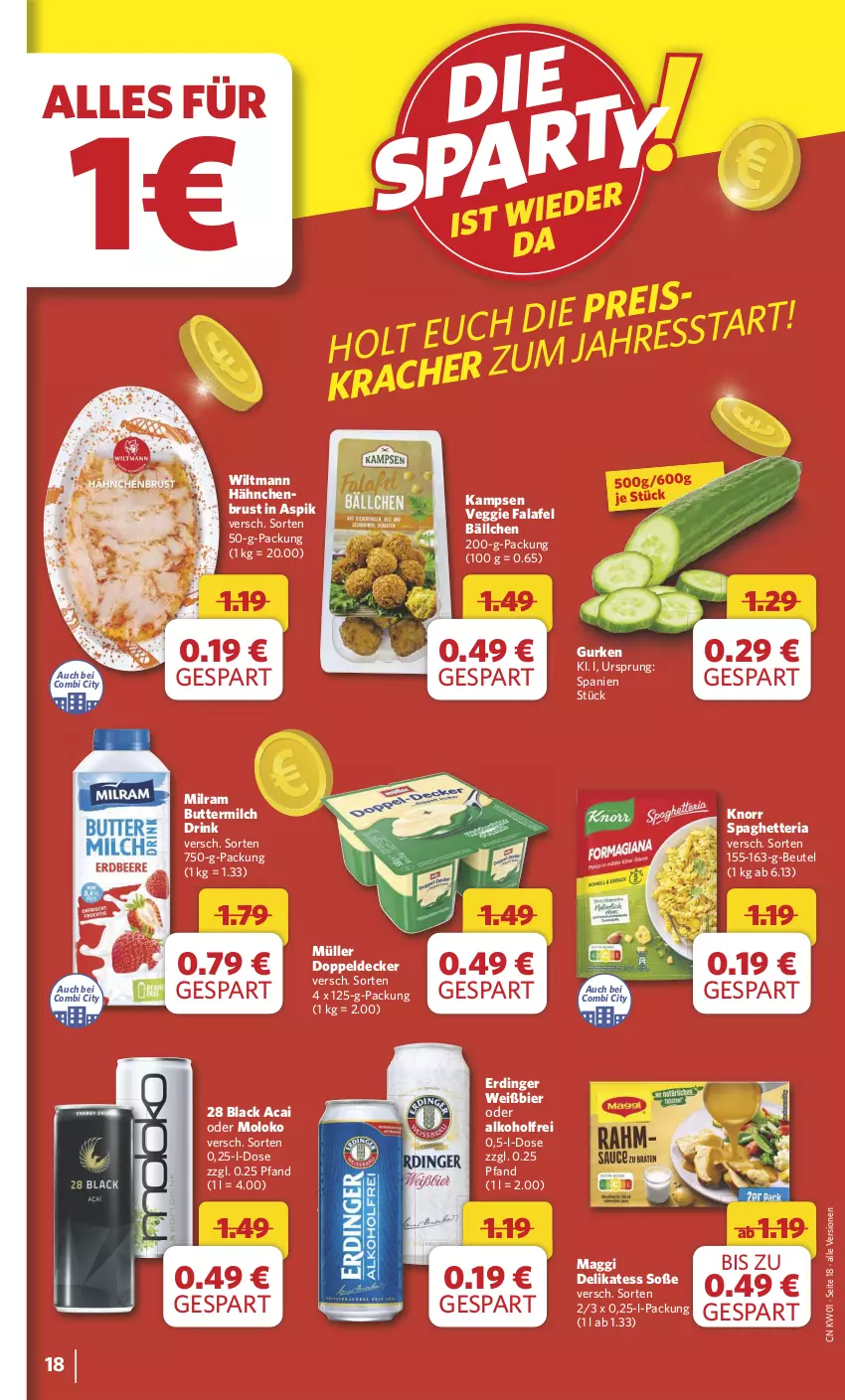 Aktueller Prospekt Combi - Prospekte - von 30.12.2024 bis 04.01.2025 - strona 18 - produkty: alkohol, beutel, bier, butter, buttermilch, decke, drink, eis, erdinger, Falafel, gurke, gurken, hähnchenbrust, knorr, lack, maggi, milch, milram, Müller, Ria, Soße, veggie, wiltmann