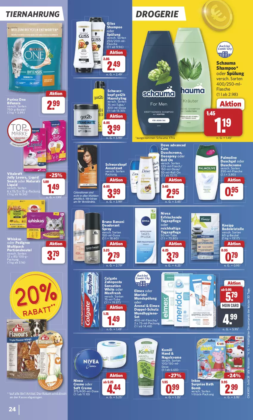 Aktueller Prospekt Combi - Prospekte - von 30.12.2024 bis 04.01.2025 - strona 24 - produkty: Bad, Badekristalle, beutel, bruno banani, colgate, Colorationen, creme, deo, deodorant, deospray, dove, duschcreme, duschgel, eis, elmex, flasche, gliss, got2b, Kamill, kneipp, kraft, LG, meridol, Mundhygiene, mundspülung, natur, natura, nivea, olive, palmolive, pasta, pedigree, portionsbeutel, purina, reis, schauma, schauma shampoo, schwarzkop, schwarzkopf, shampoo, shampoo oder spülung, snack, spülung, Tagespflege, Ti, tiernahrung, vita, vitakraft, whiskas, zahnpasta, ZTE