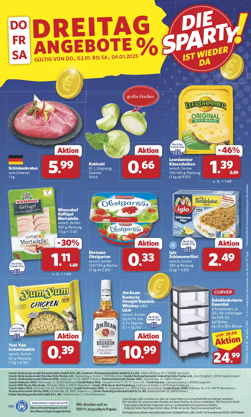 Aktueller Prospekt Combi - Prospekte - von 30.12.2024 bis 04.01.2025 - strona 28 - produkty: aeg, angebot, angebote, auer, Bad, Becher, Berger, bourbon, bourbon whiskey, braten, dell, drucker, ehrmann, eier, eis, elle, Engel, erde, felix, filet, fisch, fische, Fischer, flasche, Garten, Geflügel, iglo, jim beam, Käse, käsescheiben, kentucky straight, kerze, kohlrabi, leerdammer, likör, mortadella, nudel, nudeln, obst, obstgarten, papier, Rauch, reis, salz, schinken, schinkenbraten, schlemmerfilet, schubladen, Schubladenturm, schwein, teller, Ti, tuc, wein, whiskey, wiesenhof, Yum Yum, ZTE