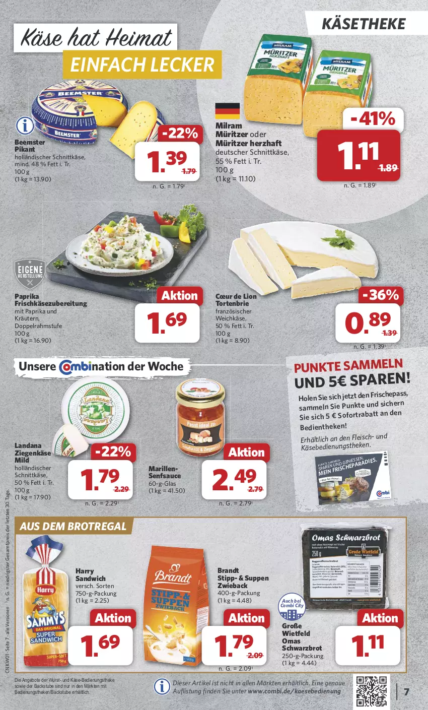 Aktueller Prospekt Combi - Prospekte - von 30.12.2024 bis 04.01.2025 - strona 7 - produkty: angebot, angebote, Beemster, brandt, brie, brot, deutscher schnittkäse, doppelrahmstufe, eis, fleisch, fleischkäse, französischer weichkäse, frischkäse, frischkäsezubereitung, holländischer schnittkäse, kaes, Käse, käsetheke, kräuter, kräutern, lion, milram, mit paprika, paprika, regal, reis, sandwich, sauce, schnittkäse, Schwarzbrot, senf, stube, suppe, suppen, Ti, torte, weichkäse, wurst, ziegenkäse, ZTE