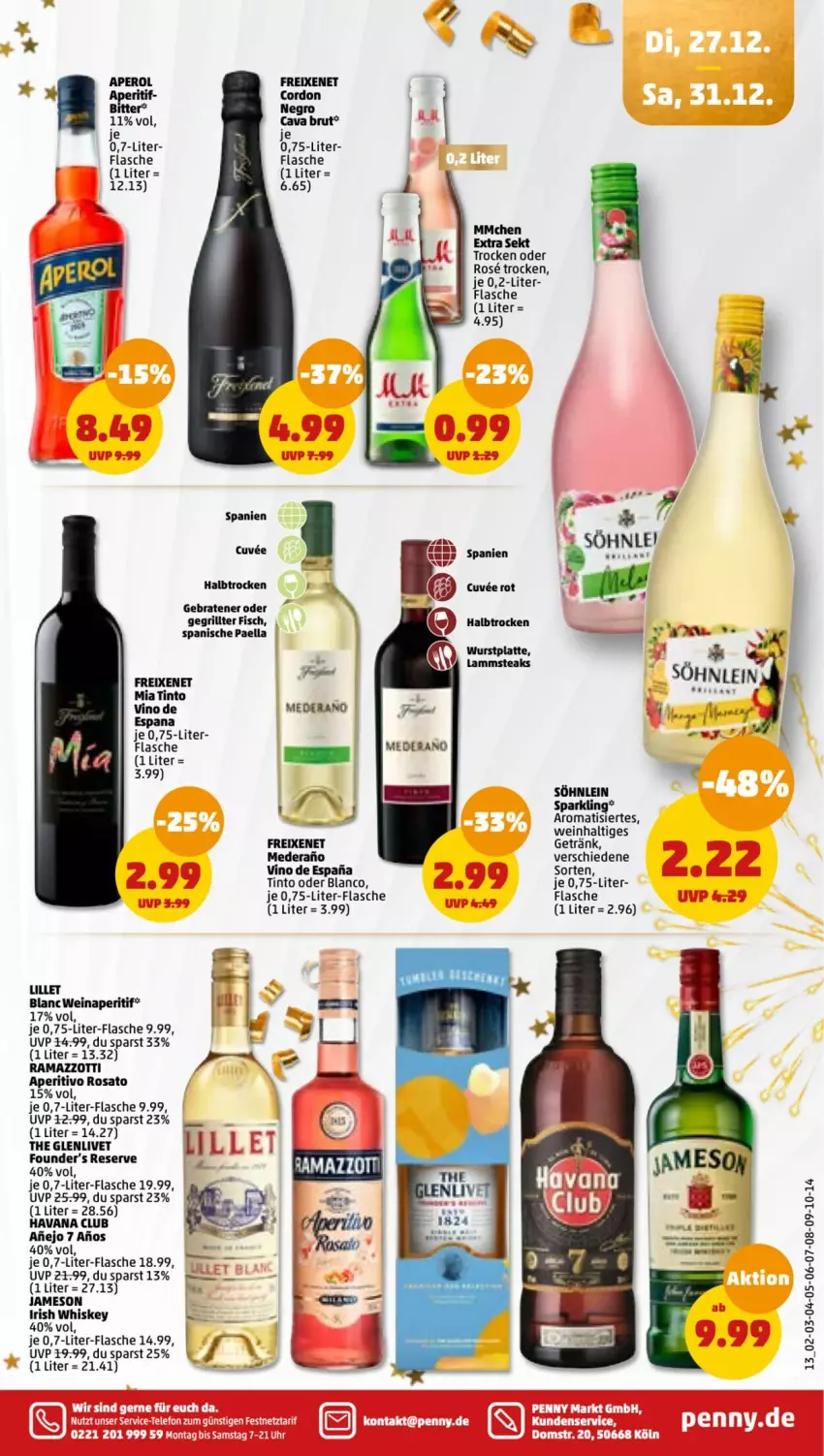 Aktueller Prospekt Penny - Prospekte - von 25.12 bis 30.12.2022 - strona 13 - produkty: aperitif, aperitivo rosato, braten, brut, Cava, fisch, flasche, freixenet, getränk, grill, Havana Club, irish whiskey, jameson, lamm, latte, paella, rama, ramazzott, ramazzotti, rosato, sekt, söhnlein, steak, steaks, telefon, Ti, uhr, wein, whiskey, zott