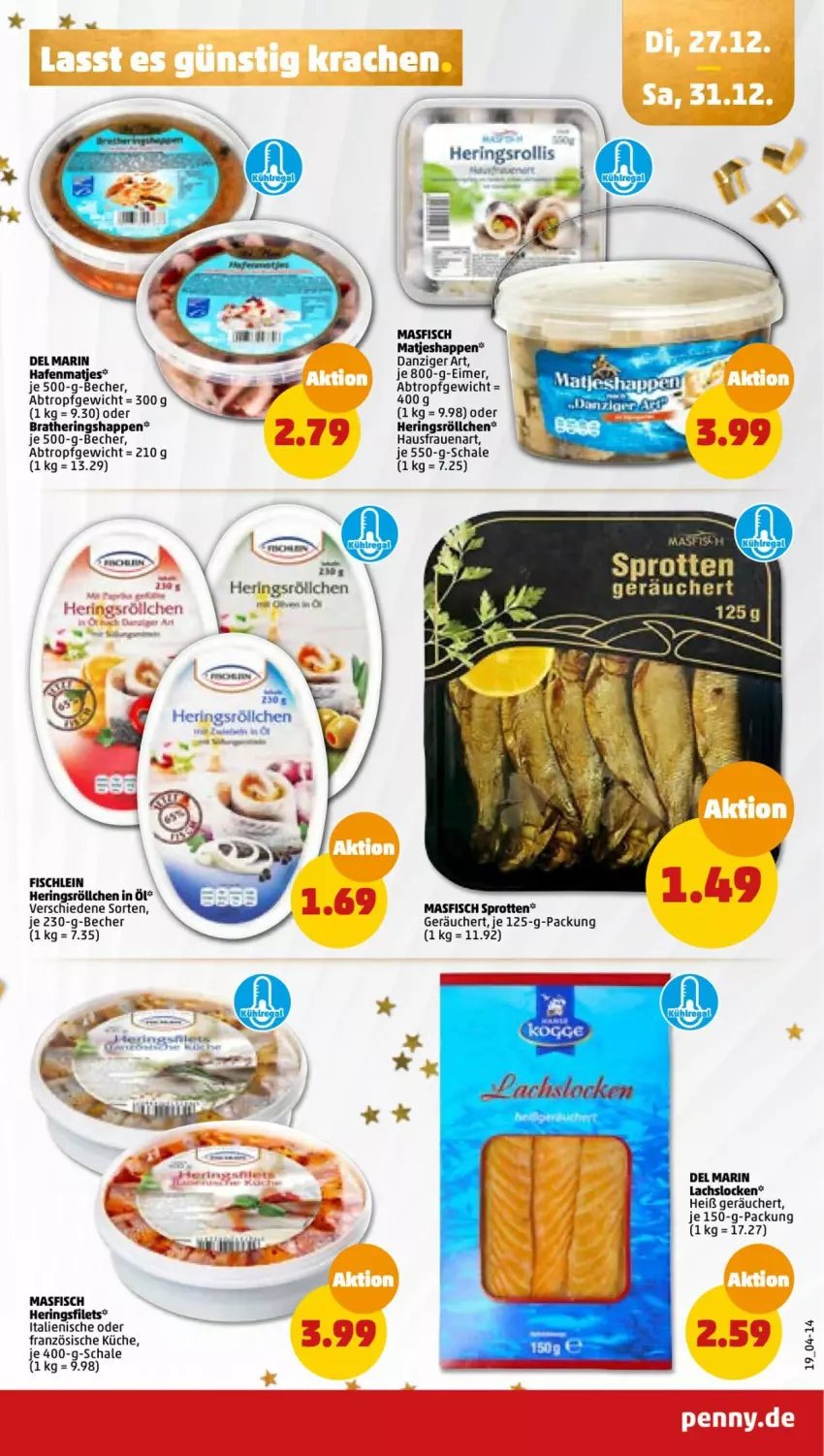 Aktueller Prospekt Penny - Prospekte - von 25.12 bis 30.12.2022 - strona 19 - produkty: Becher, eimer, filet, filets, fisch, hering, Herings, heringsfilets, Heringshappen, küche, lachs, matjes, ring, Schal, Schale, Sprotten