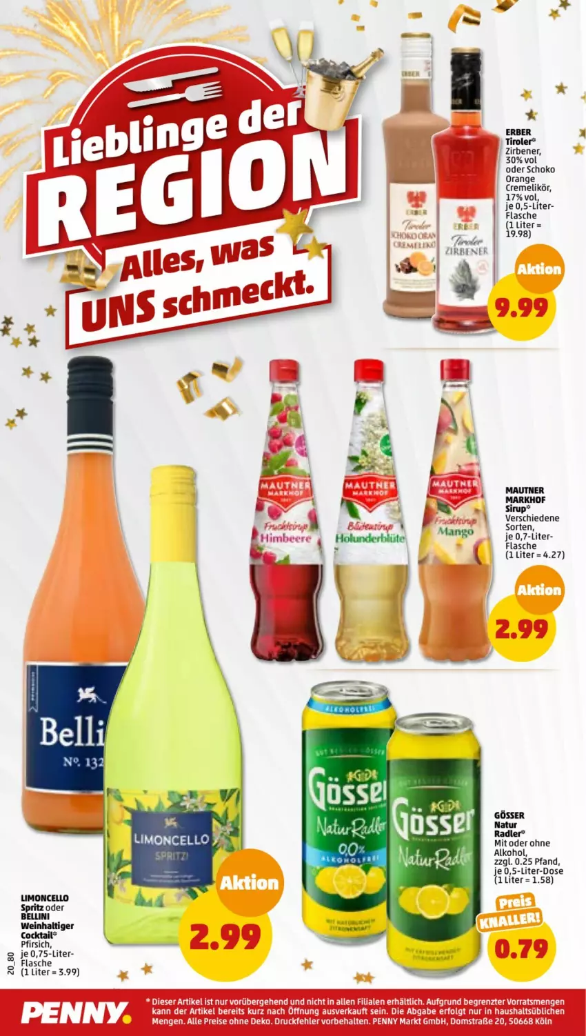 Aktueller Prospekt Penny - Prospekte - von 25.12 bis 30.12.2022 - strona 20 - produkty: alkohol, cocktail, creme, flasche, gösser, likör, limo, Mautner, natur, natur radler, ohne alkohol, orange, pfirsich, radler, schoko, sirup, Ti, wein