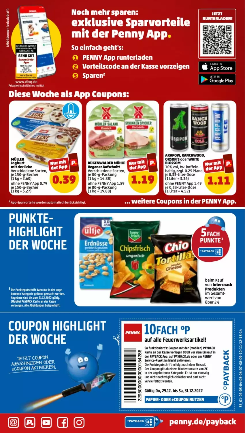 Aktueller Prospekt Penny - Prospekte - von 25.12 bis 30.12.2022 - strona 35 - produkty: angebot, angebote, aufschnitt, Becher, coupon, erde, Feuerwerksartikel, google play, joghur, joghurt, LG, mac, Müller, payback, rügenwalder, rügenwalder mühle, rwe, snack, tee, Ti