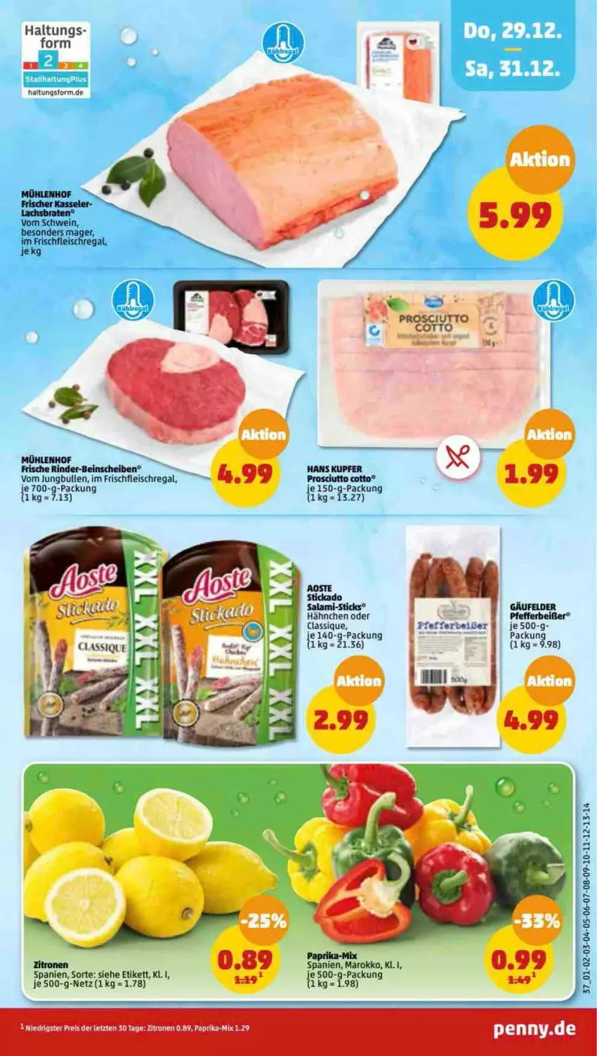 Aktueller Prospekt Penny - Prospekte - von 25.12 bis 30.12.2022 - strona 37 - produkty: aoste stickado, eis, ente, fleisch, jungbullen, kasseler, paprika, pfeffer, Pfefferbeißer, prosciutto, prosciutto cotto, regal, rind, rinder, salami, schwein, stickado, Ti, wein, zitrone, zitronen